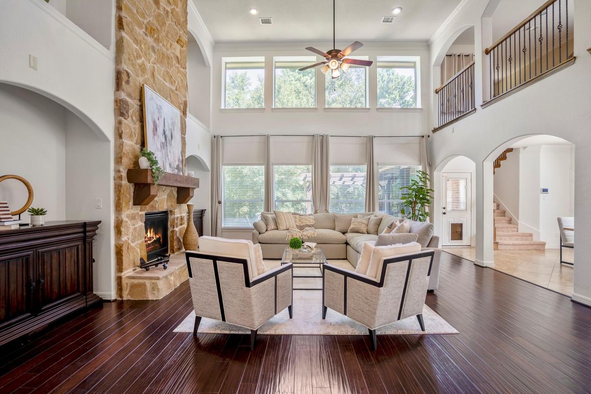 Fireplace, Interior, Living room, Recessed Lighting, Stone Walls, Wood Texture Flooring