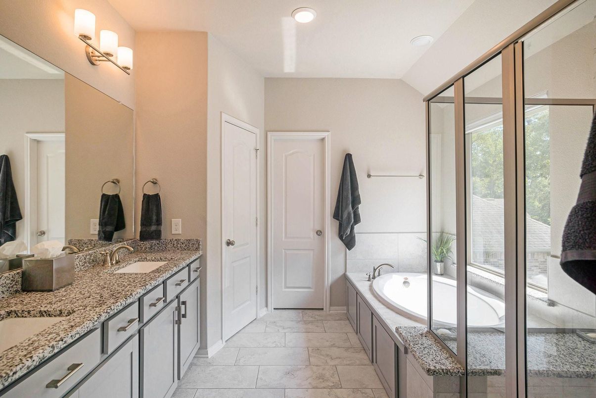Bathroom, Dual Sink Vanities, Glass Shower, Interior, Recessed Lighting