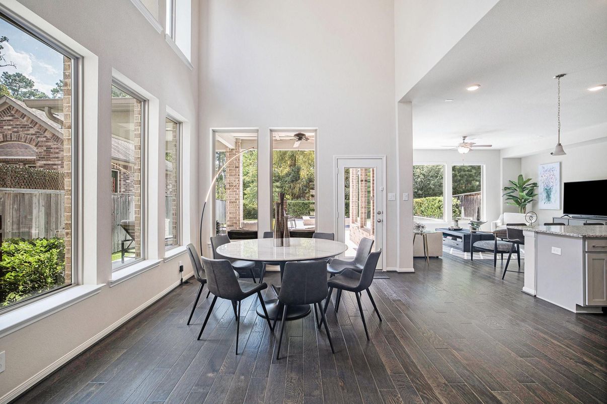 Dining room, Interior, Pendant Lights, Recessed Lighting, Wood Texture Flooring