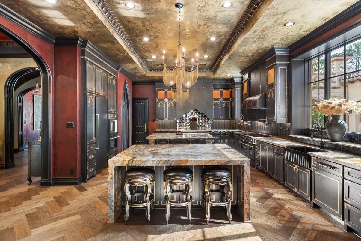 Chandelier, Interior, Kitchen, Recessed Lighting, Stainless Steel Appliances, Wood Texture Flooring