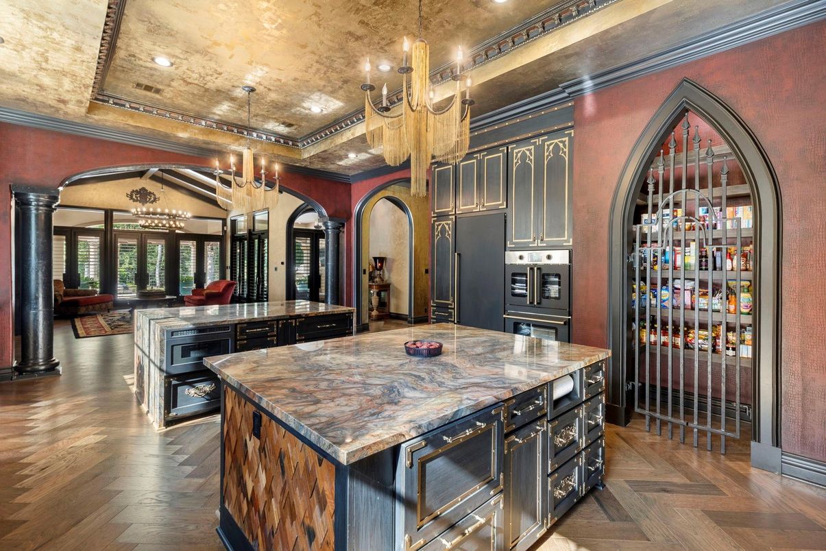 Chandelier, Interior, Kitchen, Pendant Lights, Recessed Lighting, Wood Texture Flooring