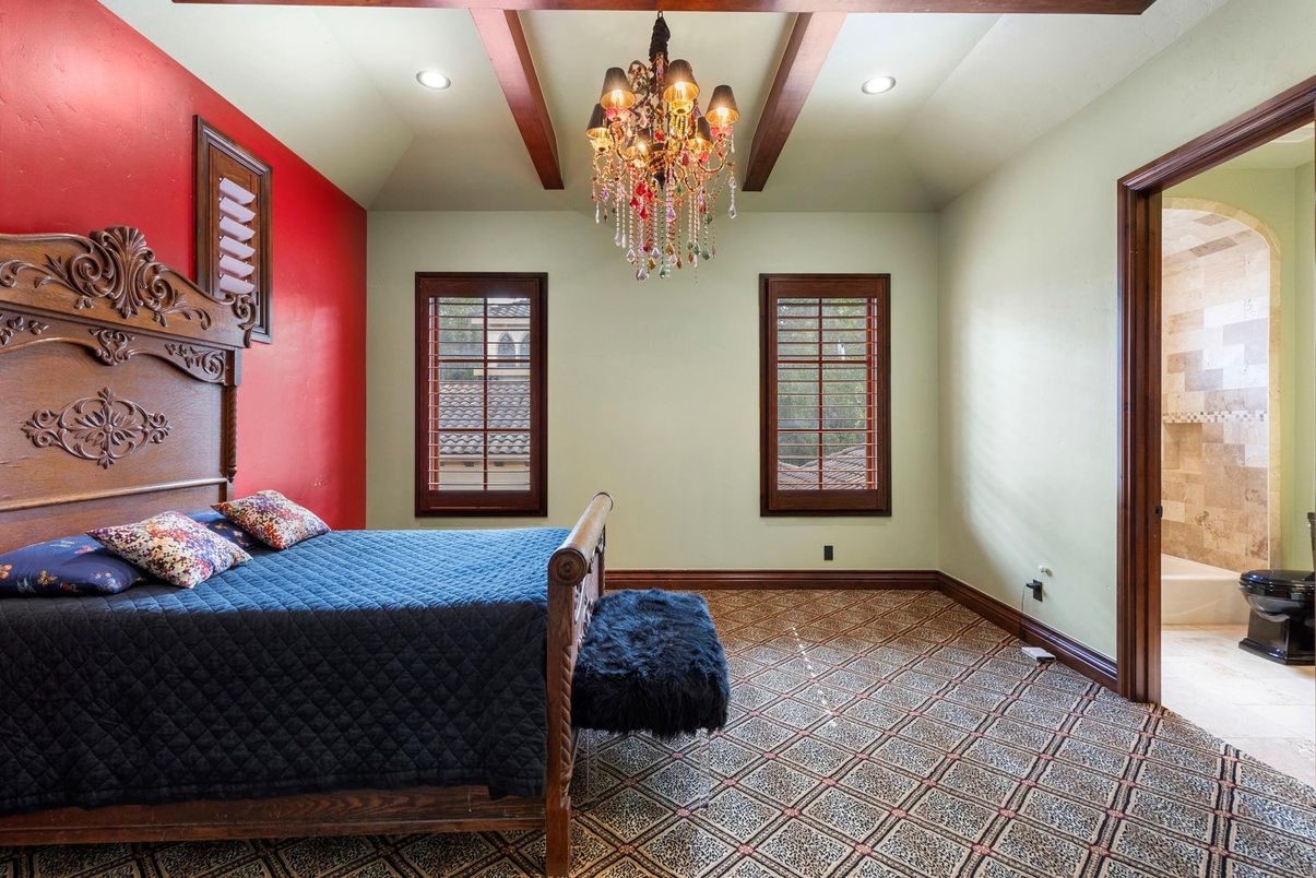 Bedroom, Chandelier, Interior, Recessed Lighting, Wooden Beams