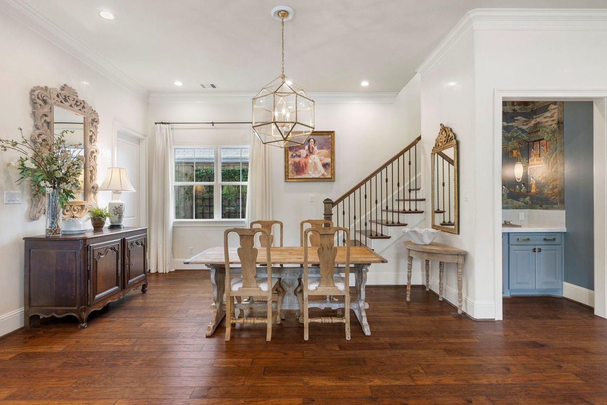 Dining room, Interior, Pendant Lights, Recessed Lighting, Wood Texture Flooring