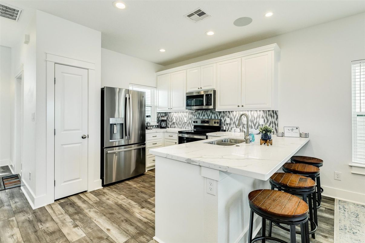 Interior, Kitchen, Recessed Lighting, Stainless Steel Appliances, Wood Texture Flooring