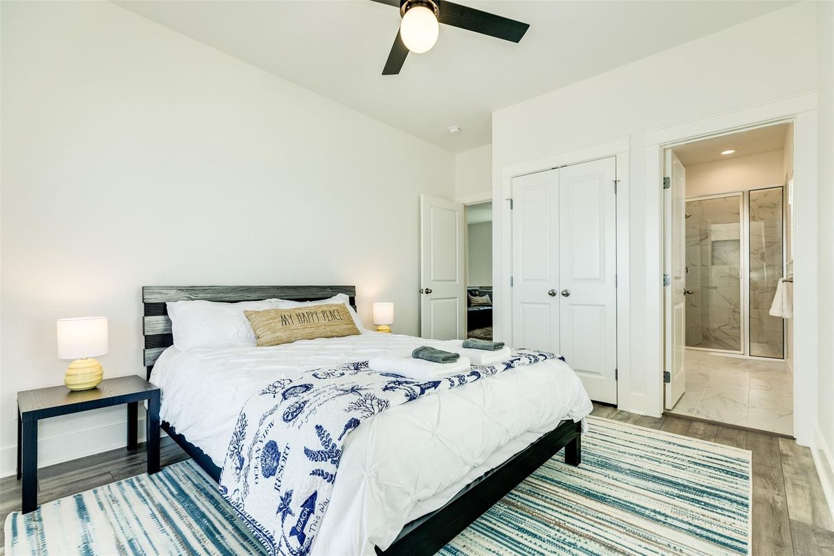 Bathroom, Bedroom, Glass Shower, Interior, Recessed Lighting, Wood Texture Flooring