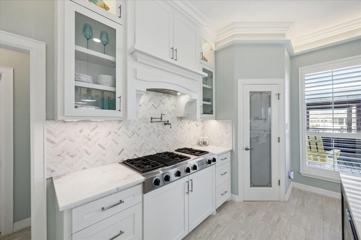 Interior, Kitchen, Marble Walls, Stainless Steel Appliances, Wood Texture Flooring