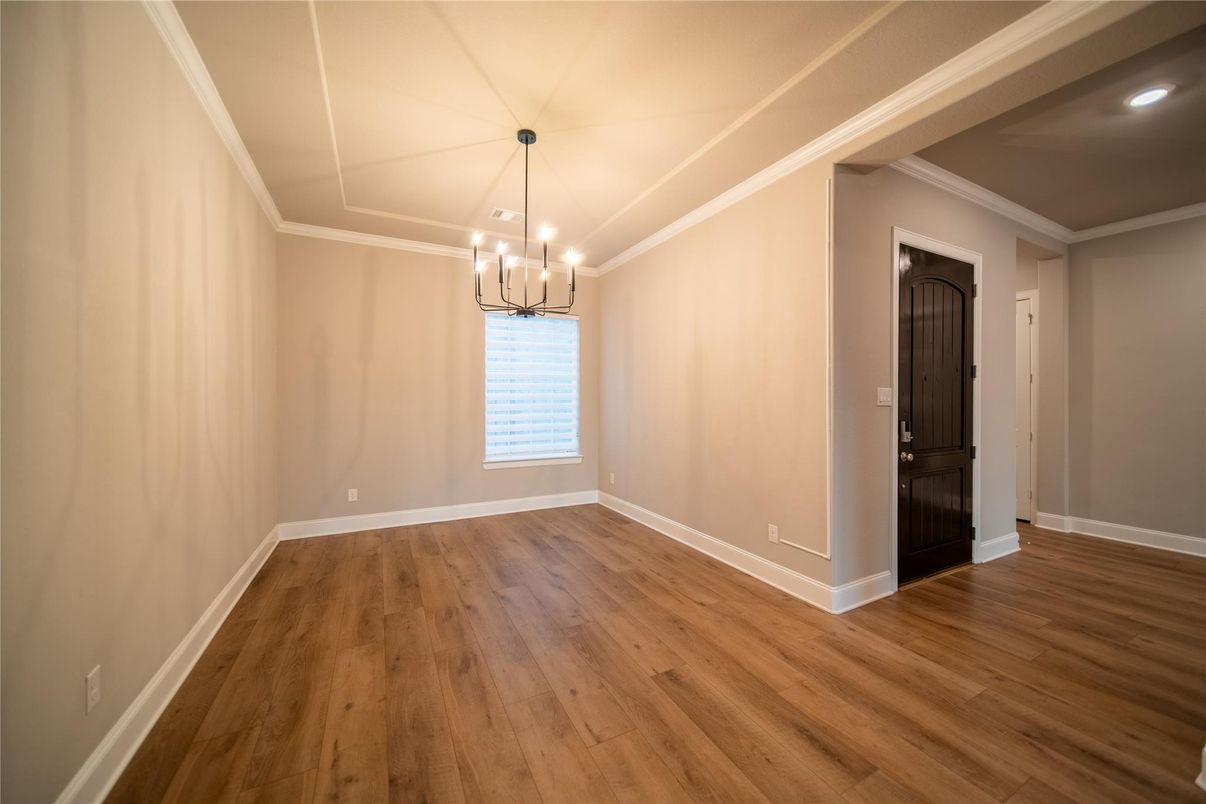 Chandelier, Empty room, Interior, Recessed Lighting, Wood Texture Flooring