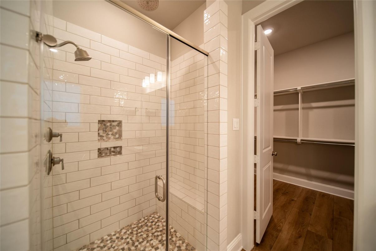 Bathroom, Glass Shower, Interior, Recessed Lighting, Walk-in Closets, Wood Texture Flooring