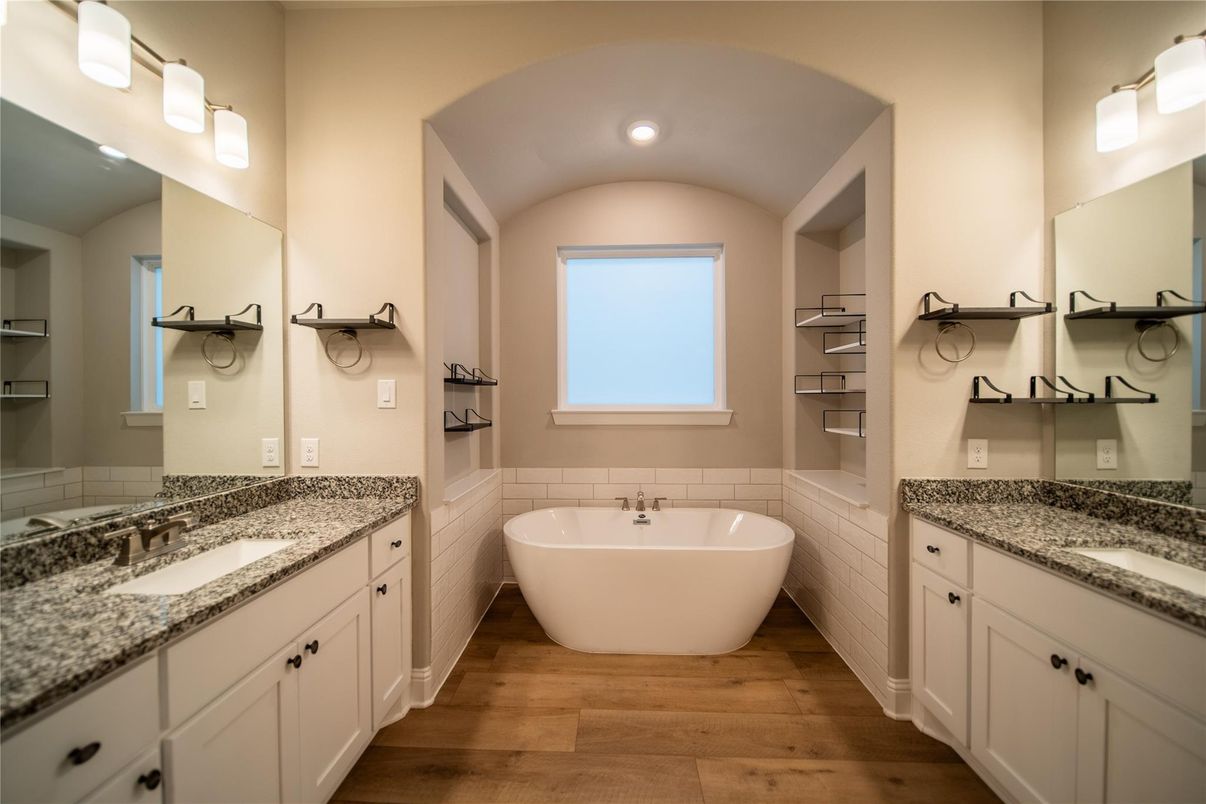Bathroom, Dual Sink Vanities, Free Standing Baths, Interior, Recessed Lighting, Wood Texture Flooring