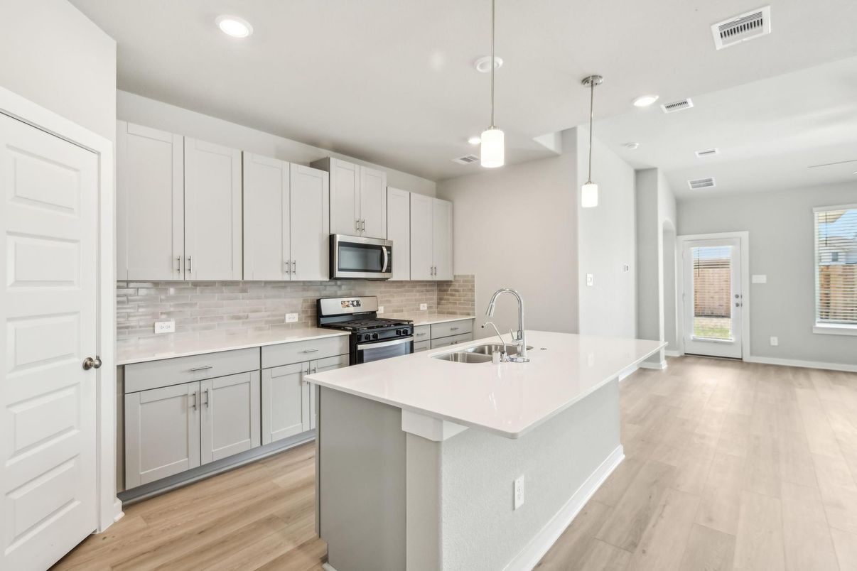 Interior, Kitchen, Pendant Lights, Recessed Lighting, Wood Texture Flooring