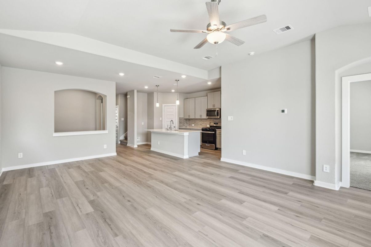 Empty room, Interior, Kitchen, Pendant Lights, Recessed Lighting, Wood Texture Flooring