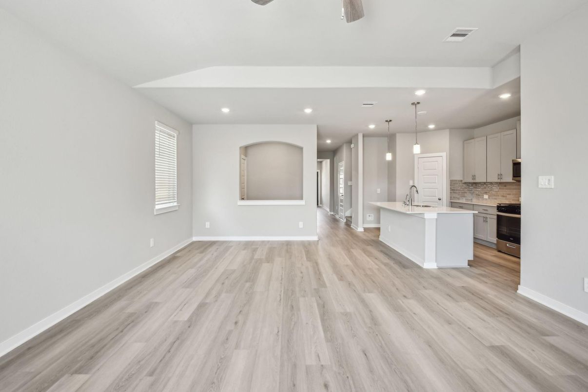 Empty room, Interior, Kitchen, Pendant Lights, Recessed Lighting, Wood Texture Flooring