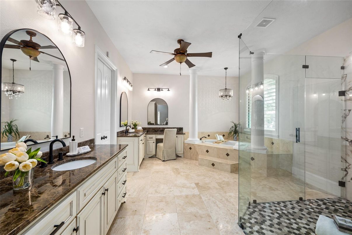 Bathroom, Dual Sink Vanities, Glass Shower, Interior, Pendant Lights