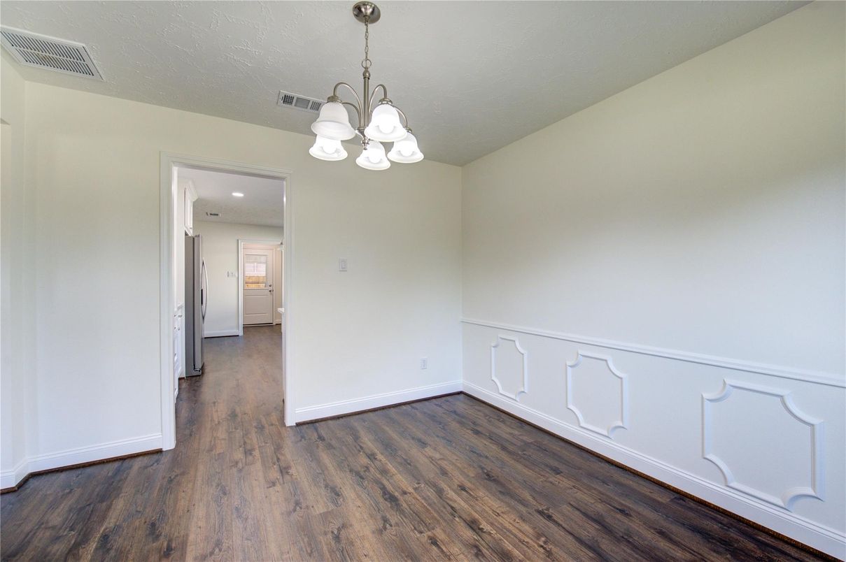 Chandelier, Empty room, Interior, Recessed Lighting, Wood Texture Flooring