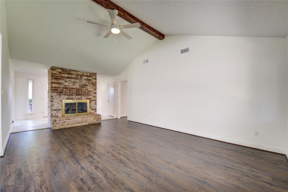 Empty room, Fireplace, Interior, Wooden Beams, Wood Texture Flooring
