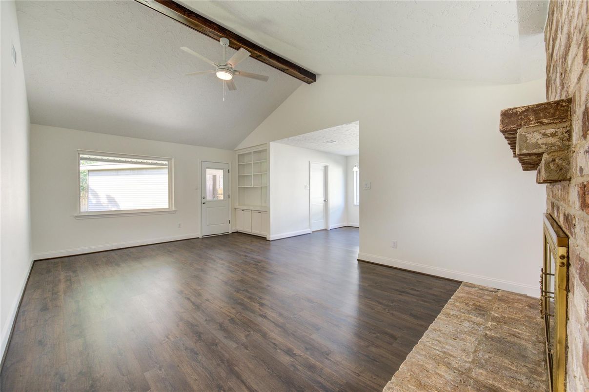 Empty room, Fireplace, Interior, Wooden Beams, Wood Texture Flooring