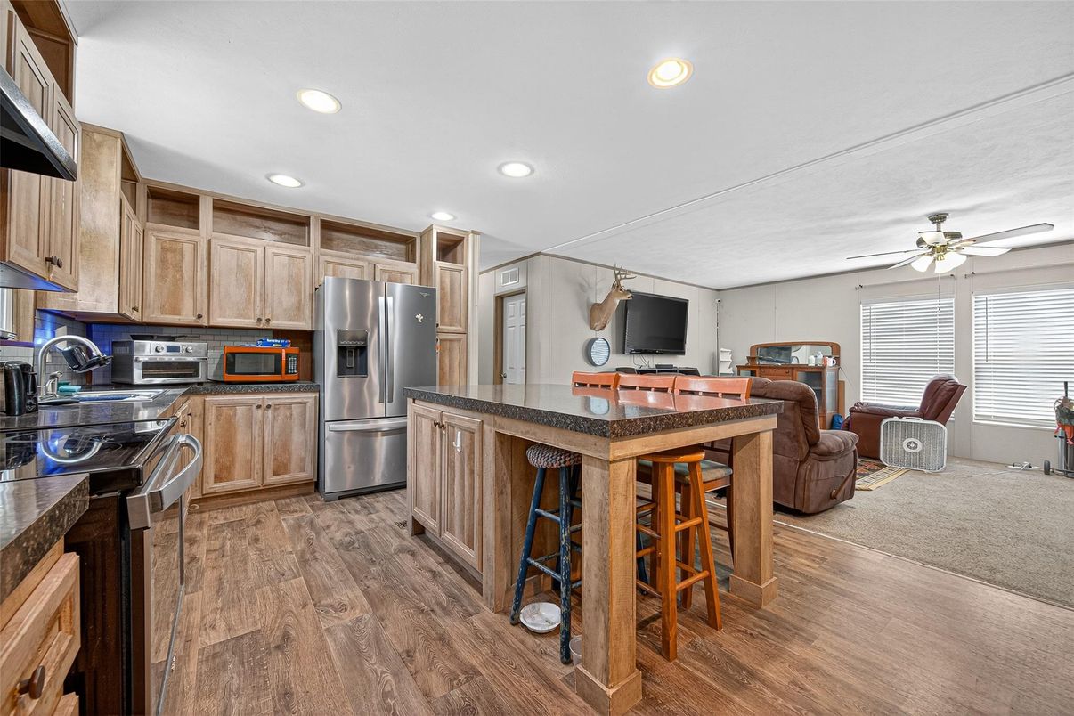 Interior, Kitchen, Living room, Recessed Lighting, Stainless Steel Appliances, Wood Texture Flooring