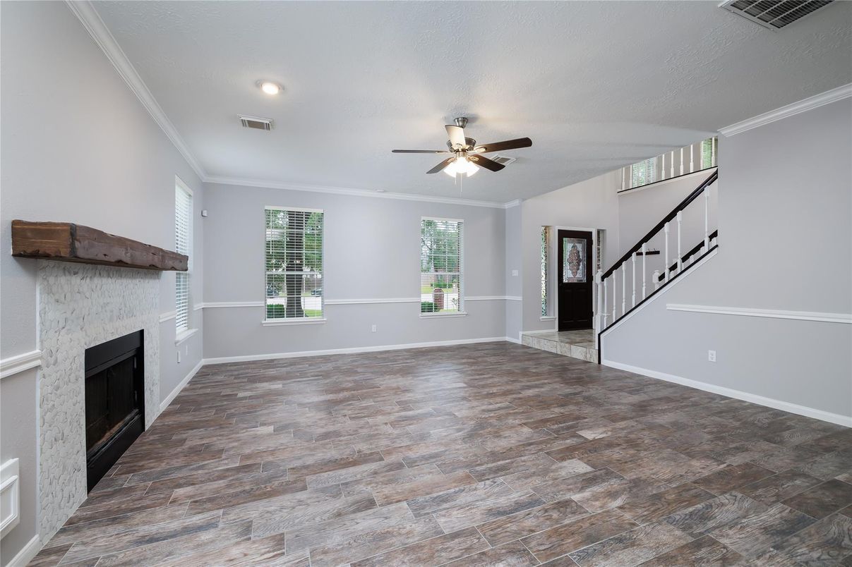 Empty room, Fireplace, Interior, Recessed Lighting, Wood Texture Flooring
