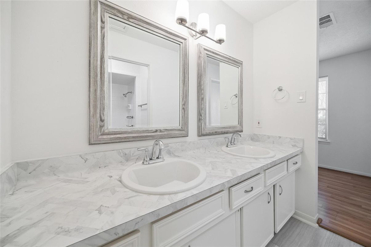 Bathroom, Dual Sink Vanities, Interior, Wood Texture Flooring