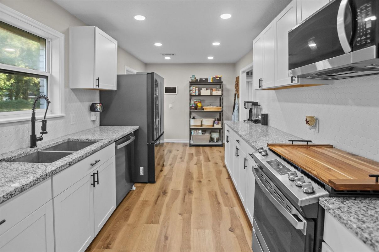 Interior, Kitchen, Recessed Lighting, Stainless Steel Appliances, Wood Texture Flooring