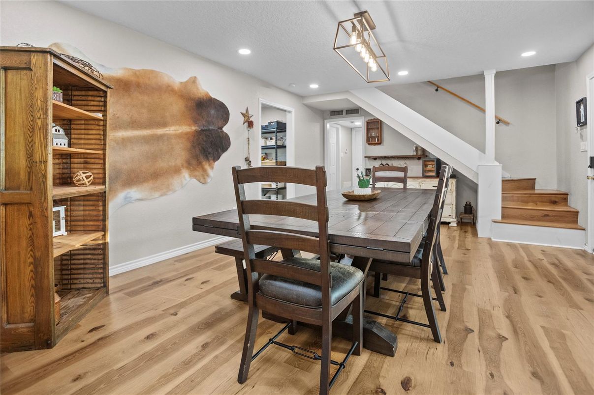 Dining room, Interior, Recessed Lighting, Wood Texture Flooring
