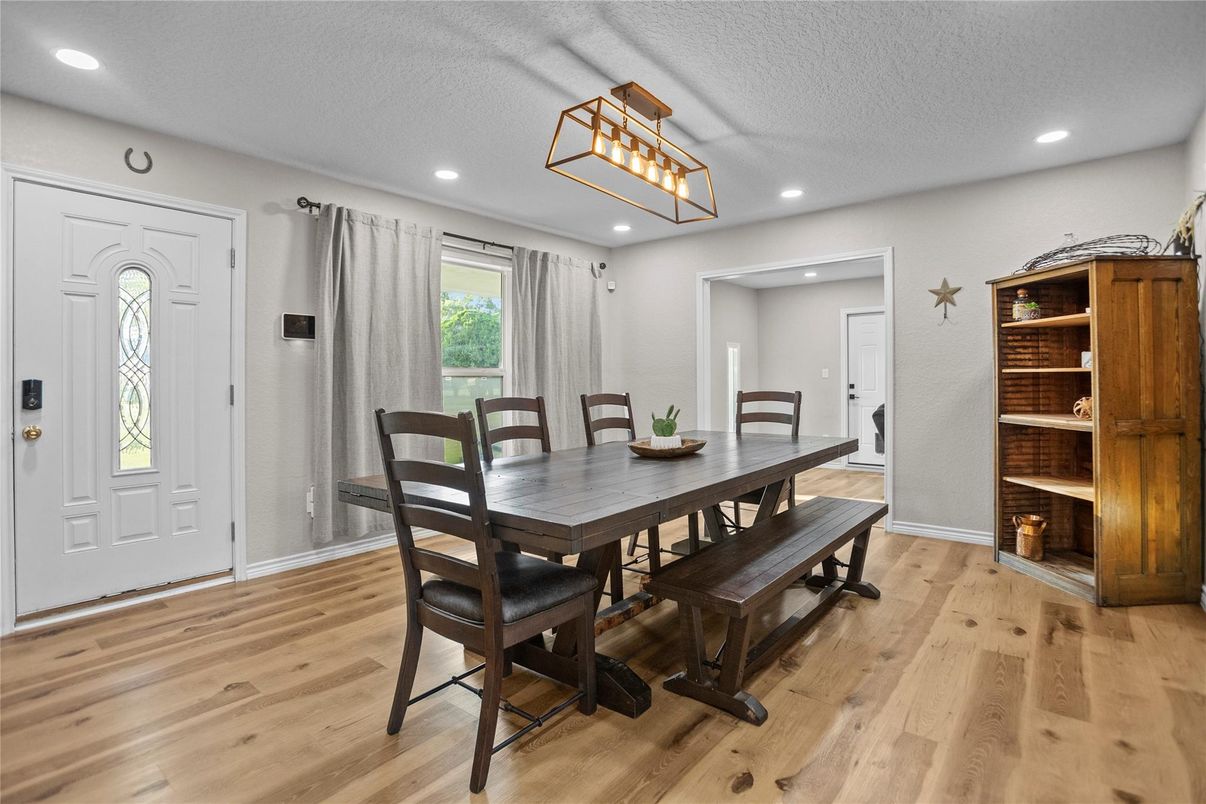 Dining room, Interior, Recessed Lighting, Wood Texture Flooring