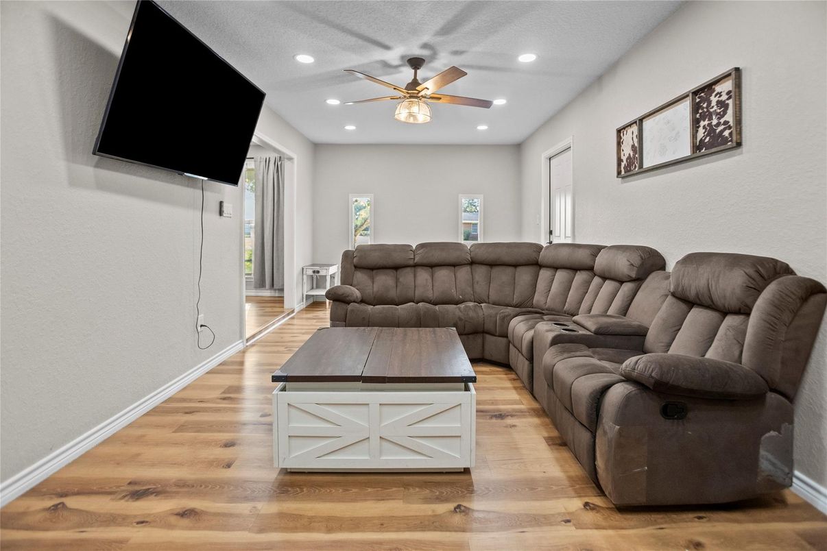 Home Theatre Room, Interior, Living room, Recessed Lighting, Wood Texture Flooring