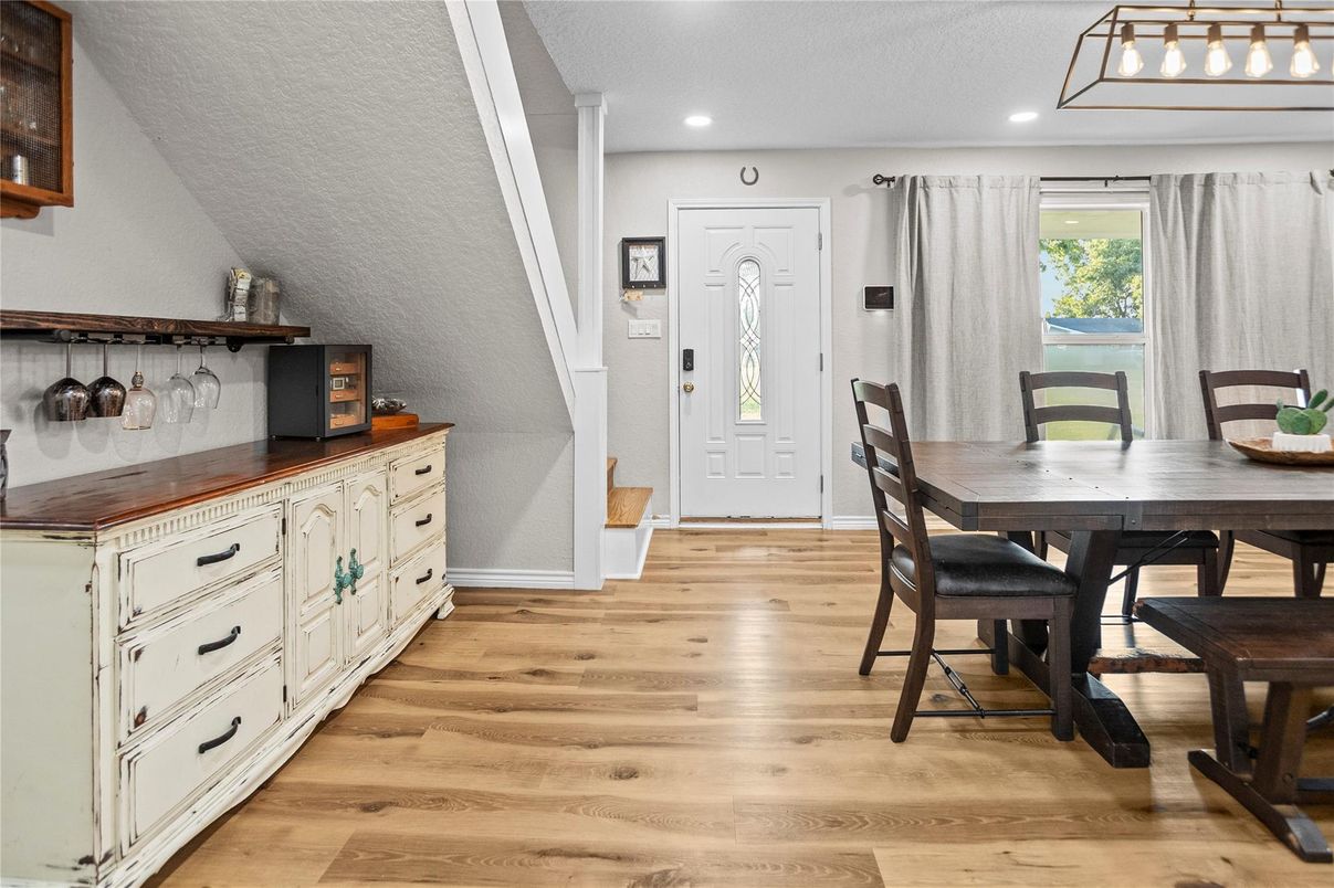Dining room, Interior, Recessed Lighting, Wood Texture Flooring