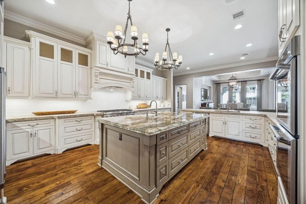 Chandelier, Interior, Kitchen, Recessed Lighting, Stainless Steel Appliances, Wood Texture Flooring