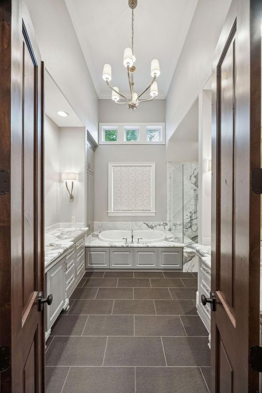 Bathroom, Chandelier, Dual Sink Vanities, Interior, Recessed Lighting