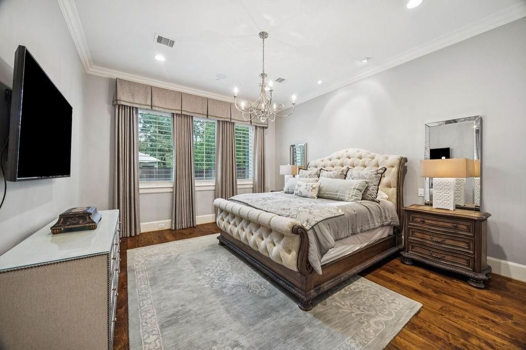 Bedroom, Chandelier, Interior, Recessed Lighting, Wood Texture Flooring