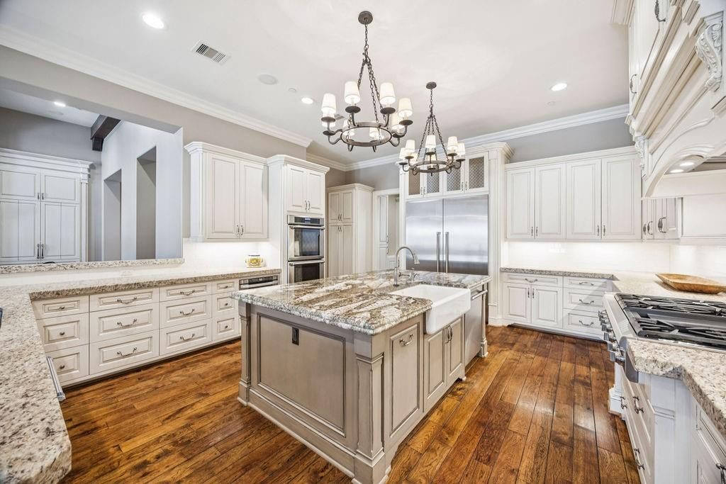 Chandelier, Interior, Kitchen, Recessed Lighting, Stainless Steel Appliances, Wood Texture Flooring