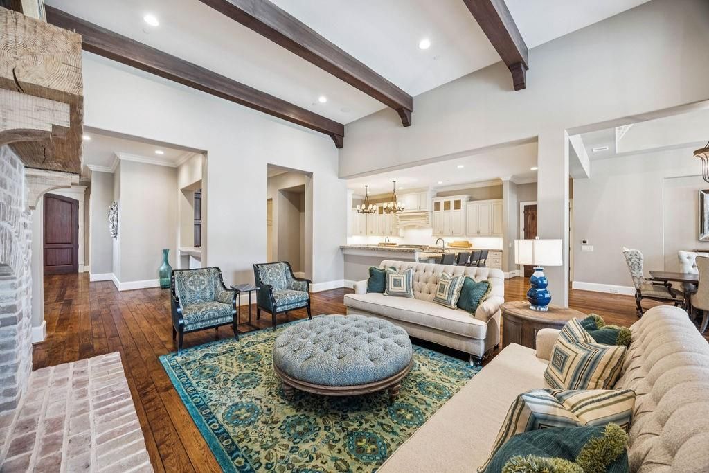 Chandelier, Dining room, Interior, Kitchen, Living room, Recessed Lighting, Wooden Beams, Wood Texture Flooring