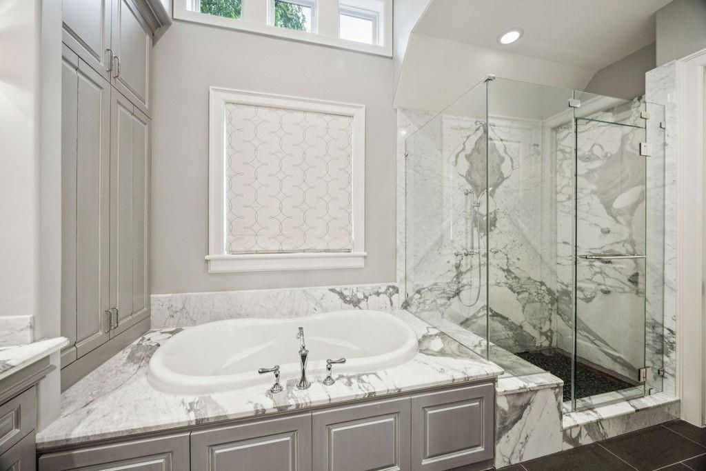 Bathroom, Glass Shower, Interior, Marble Walls, Recessed Lighting