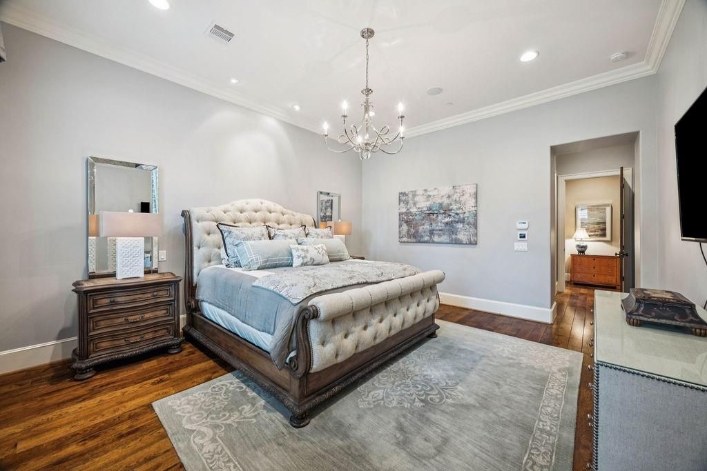 Bedroom, Chandelier, Interior, Recessed Lighting, Wood Texture Flooring