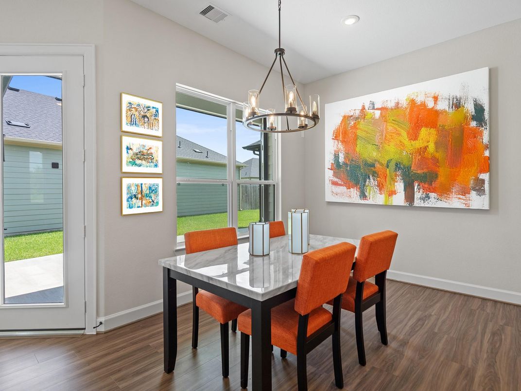 Chandelier, Dining room, Interior, Pendant Lights, Recessed Lighting, Wood Texture Flooring