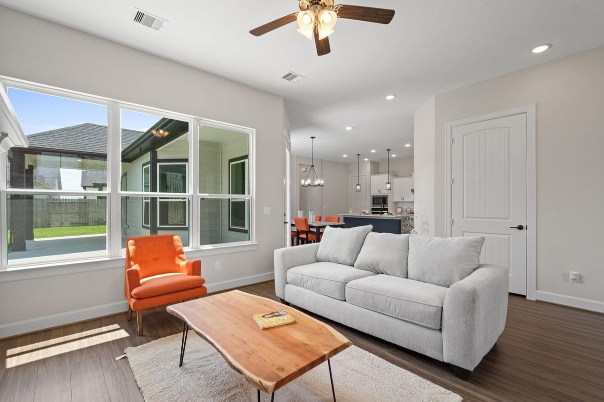 Dining room, Interior, Kitchen, Living room, Pendant Lights, Recessed Lighting, Wood Texture Flooring