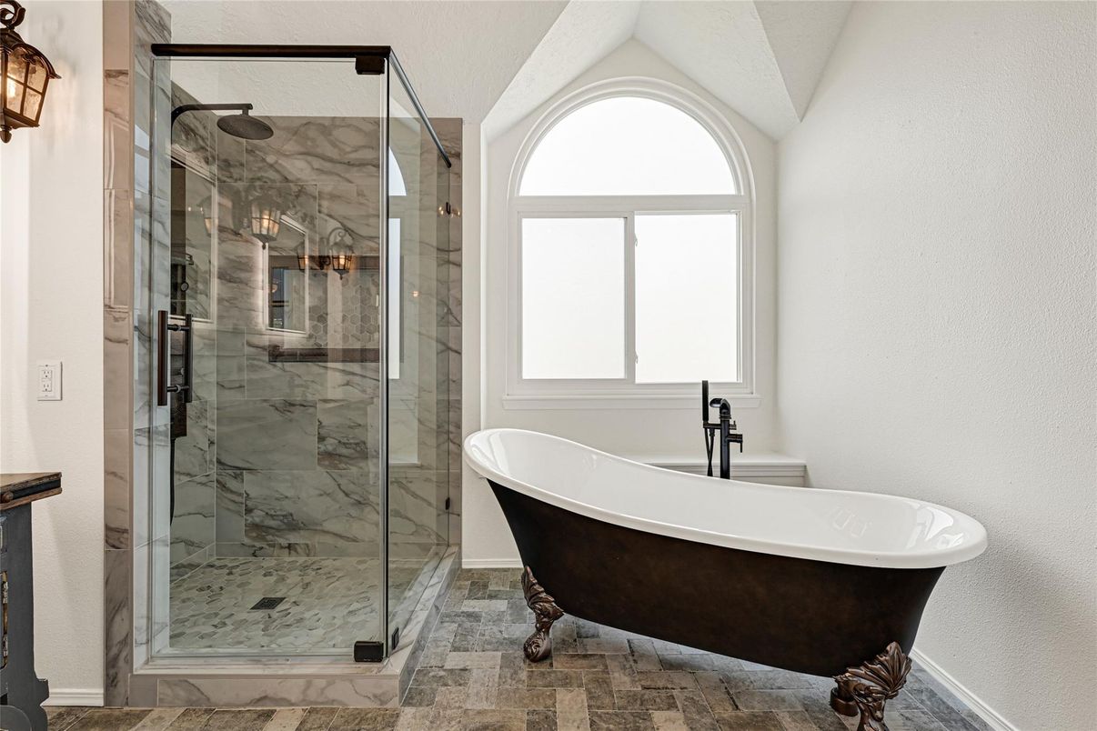 Bathroom, Free Standing Baths, Glass Shower, Interior, Marble Walls