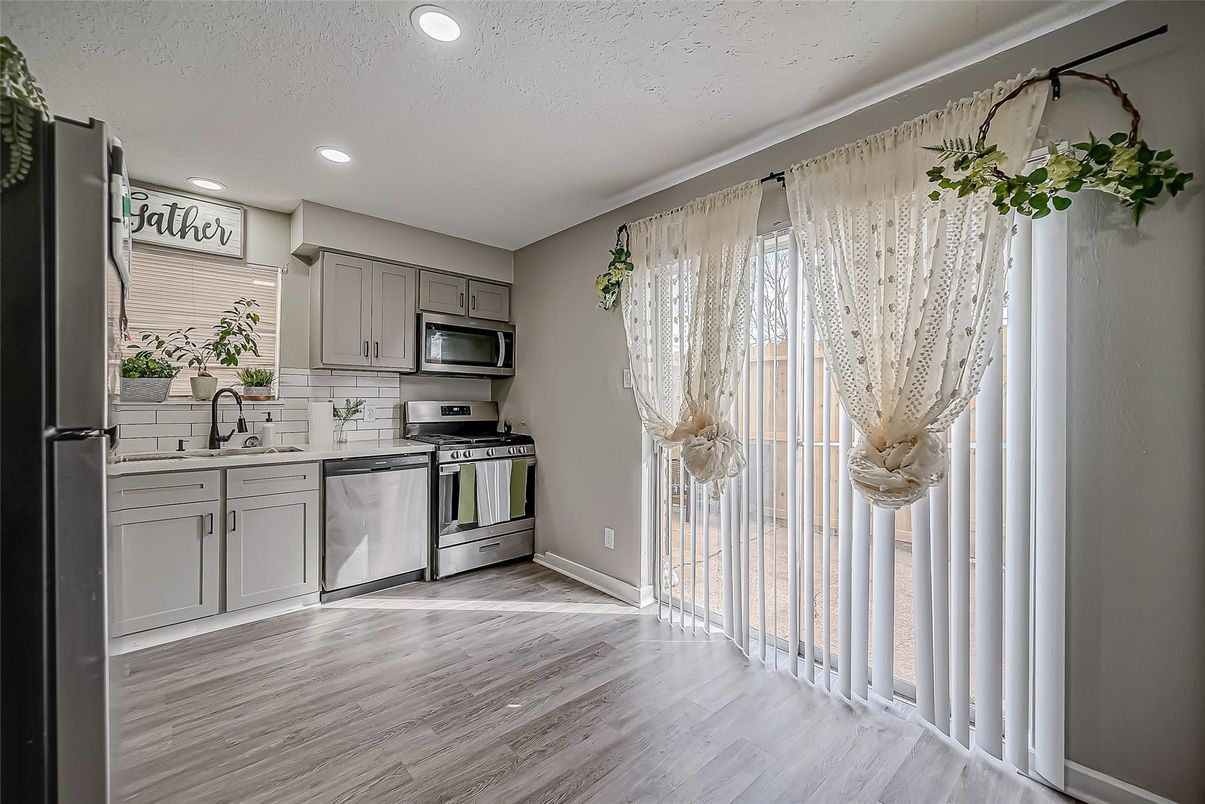Interior, Kitchen, Recessed Lighting, Stainless Steel Appliances, Wood Texture Flooring