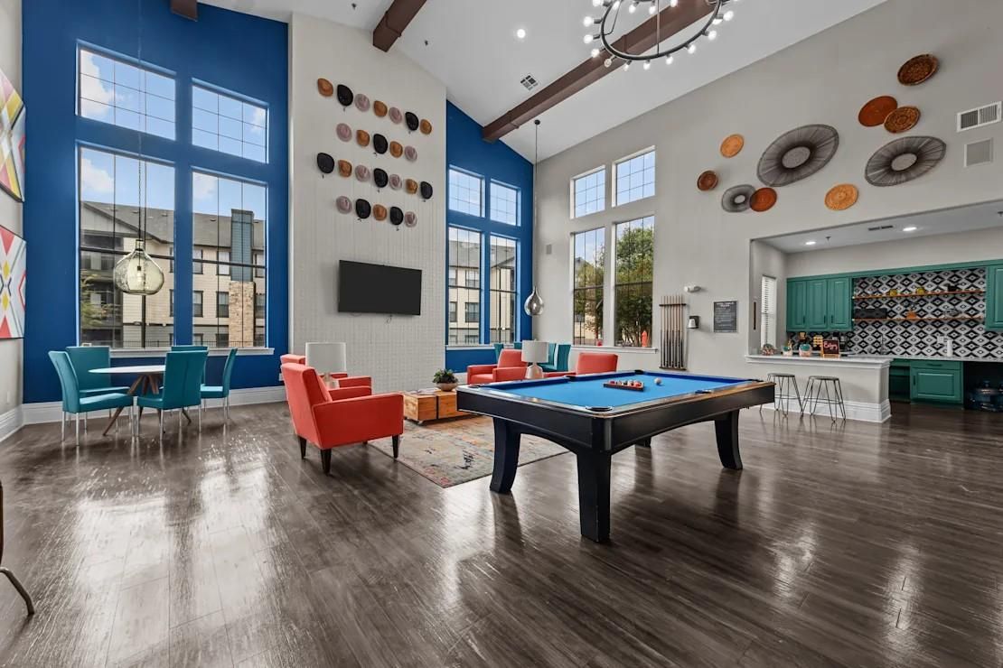 Billiard Table, Dining room, Game Room, Interior, Living room, Recessed Lighting, Wooden Beams, Wood Texture Flooring