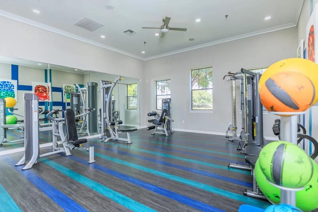 Fitness Equipment, Gym, Interior, Recessed Lighting, Wood Texture Flooring