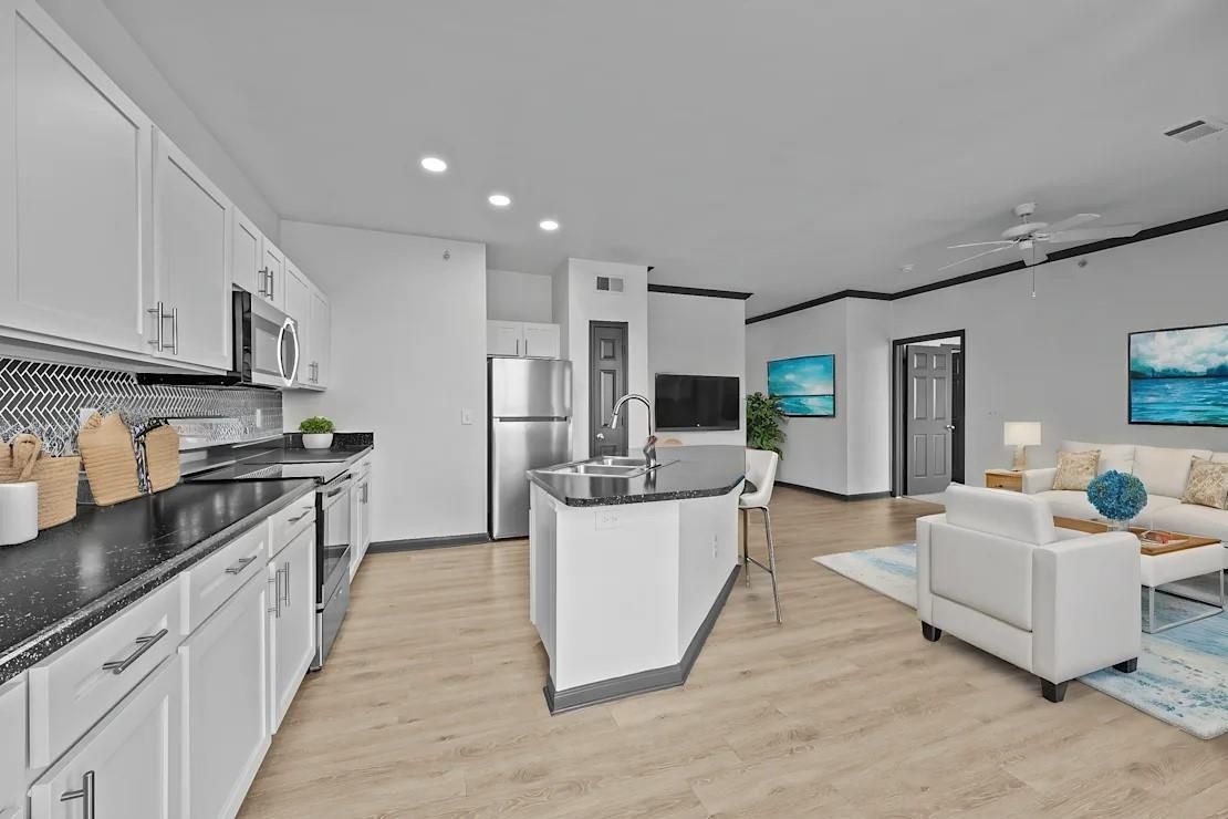 Interior, Kitchen, Living room, Recessed Lighting, Stainless Steel Appliances, Wood Texture Flooring