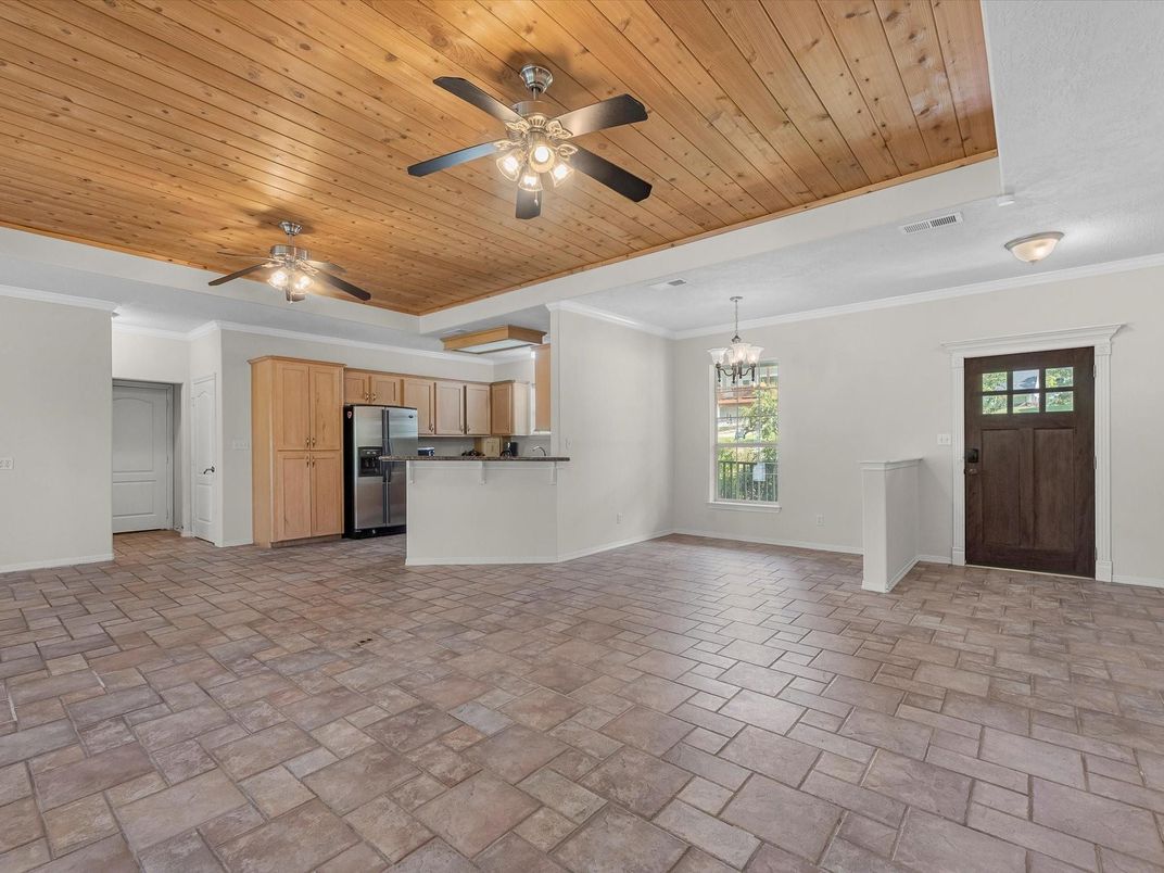 Chandelier, Empty room, Interior, Kitchen, Pendant Lights, Stainless Steel Appliances, Wooden Ceilings