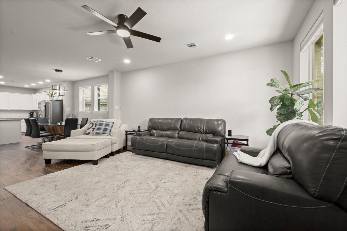 Dining room, Interior, Kitchen, Living room, Pendant Lights, Recessed Lighting, Stainless Steel Appliances, Wood Texture Flooring