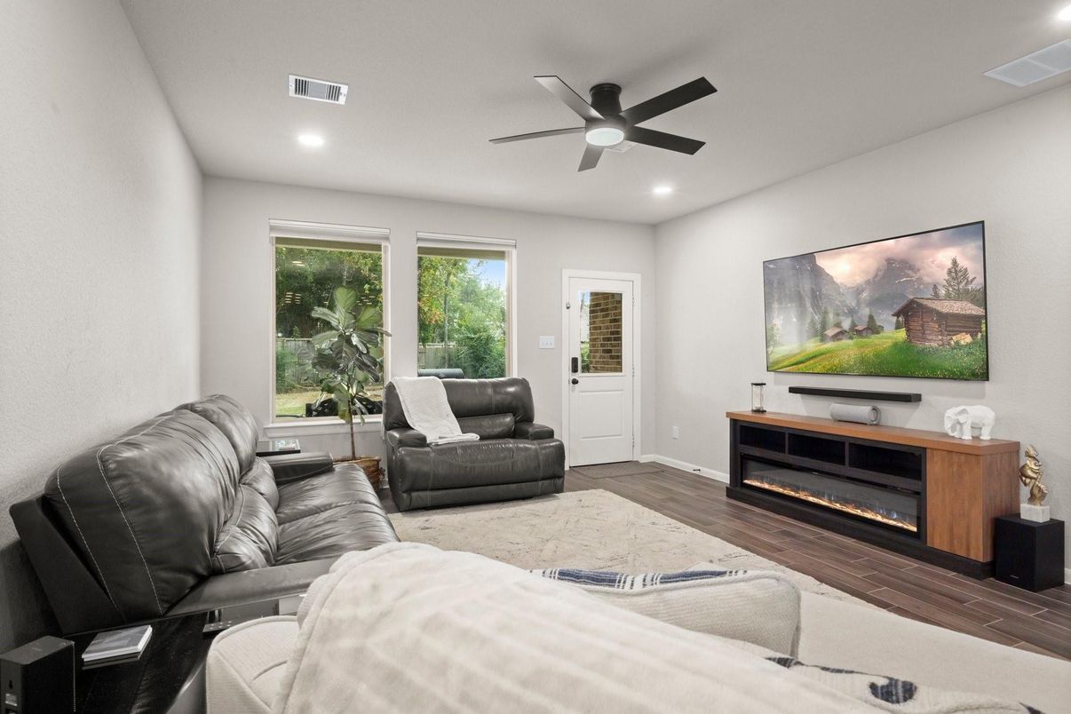 Fireplace, Interior, Living room, Recessed Lighting, Wood Texture Flooring