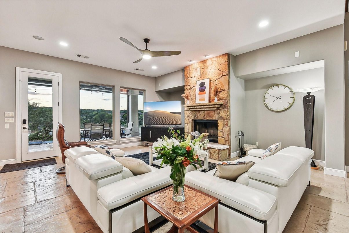Fireplace, Interior, Living room, Recessed Lighting, Stone Walls