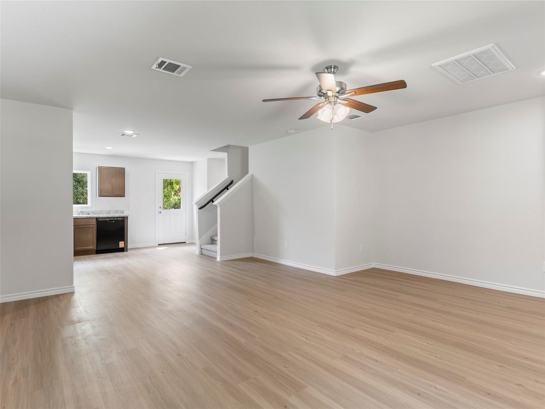Empty room, Interior, Kitchen, Recessed Lighting, Wood Texture Flooring