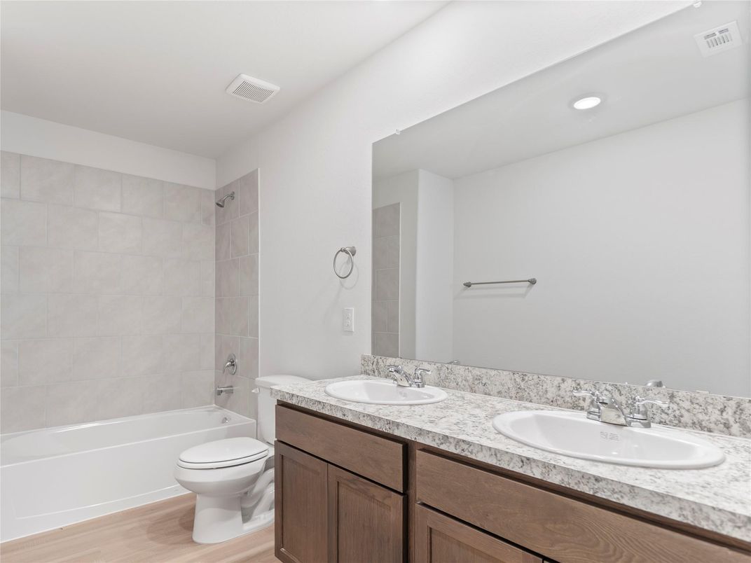 Bathroom, Dual Sink Vanities, Interior, Recessed Lighting, Wood Texture Flooring