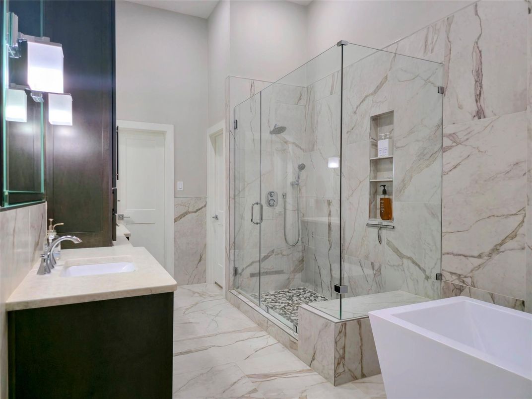 Bathroom, Free Standing Baths, Glass Shower, Interior, Marble, Marble Walls
