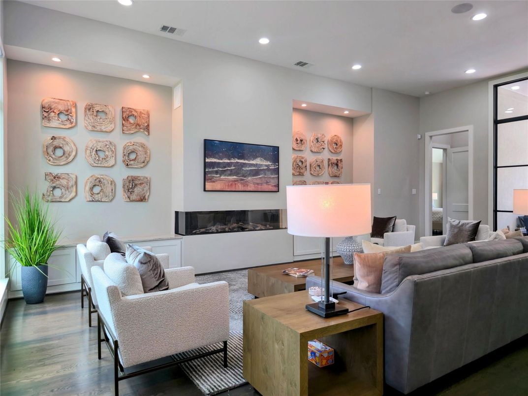 Fireplace, Interior, Living room, Recessed Lighting, Wood Texture Flooring